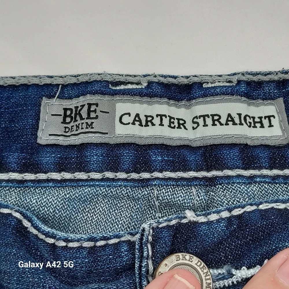 BKE Carter Straight Leg Jeans Mens 34L Medium Wash Denim ABM2724 Heavy Stitch